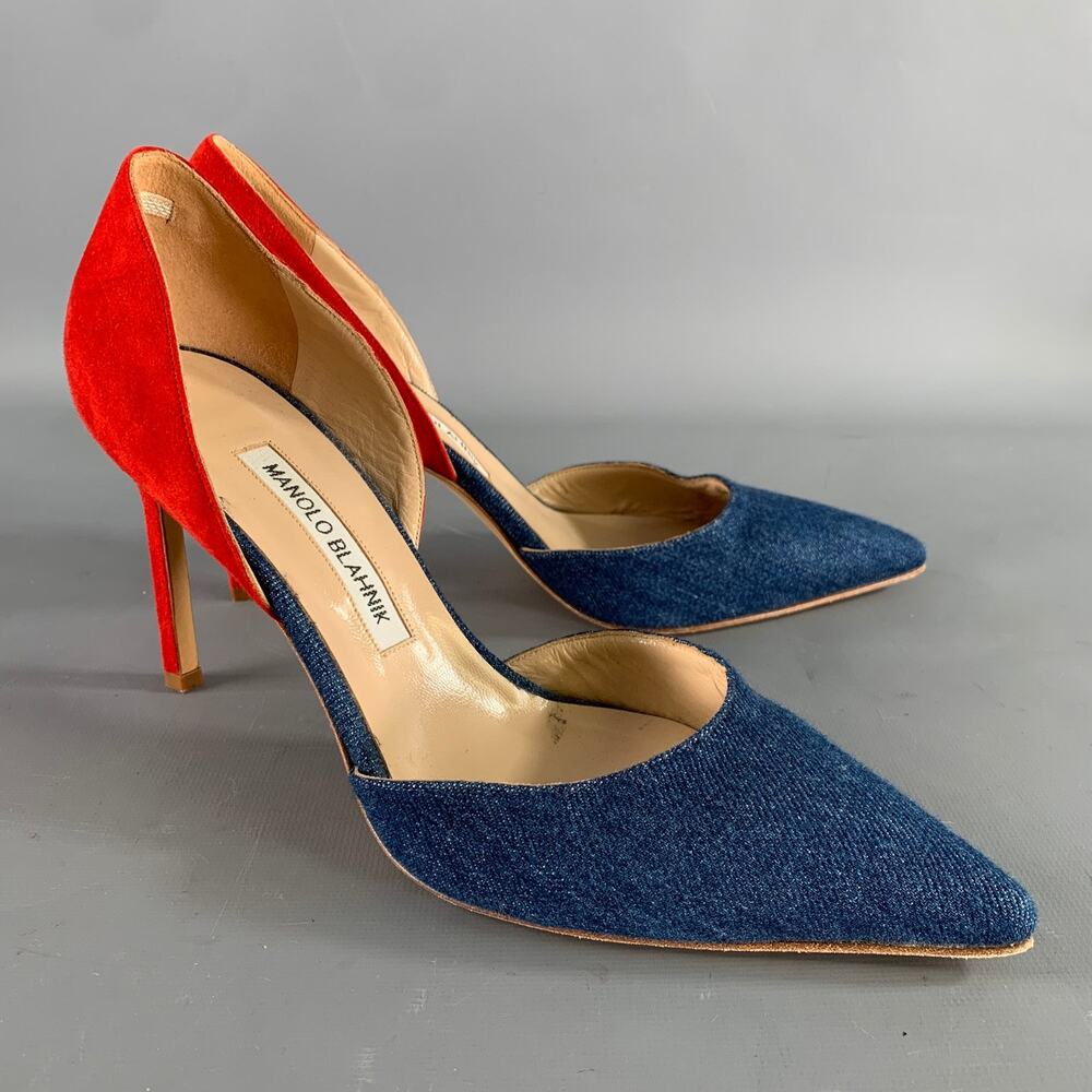 MANOLO BLAHNIK Size 9.5 Blue Red Suede Two Tone Suede Pointed Toe Pumps
